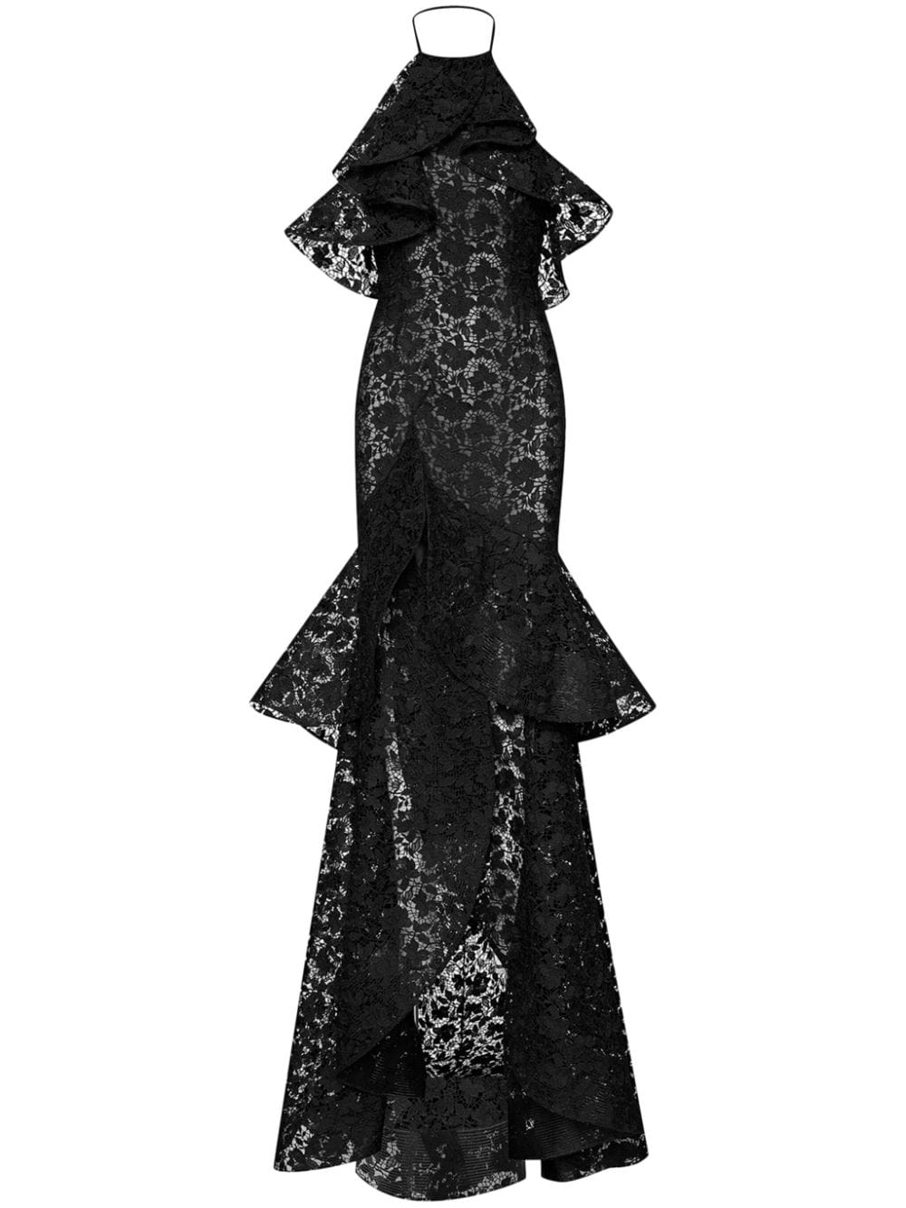 Oscar De La Renta Ruffled Gardenia Guipure Gown In Black